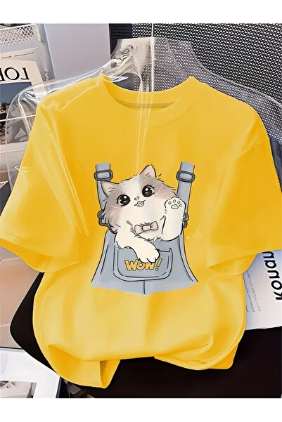 oneagılyazı Cute Cat Pattern Short Sleeve Round Neck T-Shirt for Women That C...