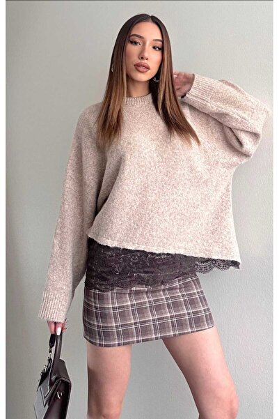 yeditepe fashion Bat Pattern Lace Detail Knitwear Sweater