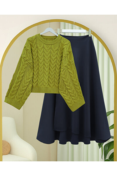 Modamorfo Knitted Patterned Casual Crop Knitwear Sweater -Olive Green