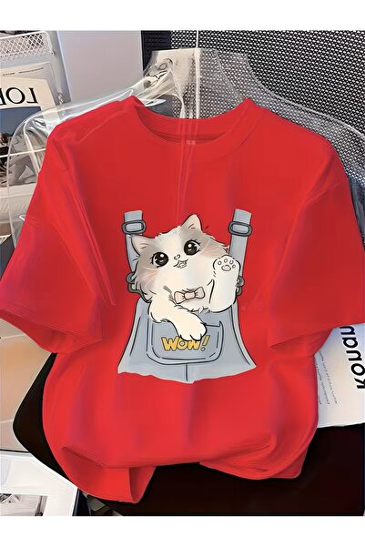 oneagılyazı Cute Cat Pattern Short Sleeve Round Neck T-Shirt for Women That C...