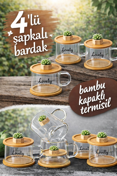 Berdina Home 4lü Sukulent Figürlü Baskılı Sıcak Soğuk Borosilikat Cam Meşruba...