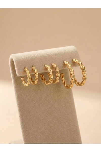 Candy Nuveria Sarmal Desenli 3 Farklı Boy Altın Kaplama Set Küpe