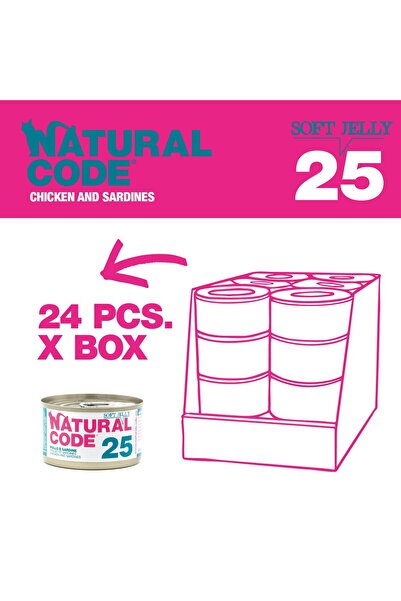 Natural Code ٢٥ علبة دجاج وسردين في جيلي للقطط، ٨٥ غرام، عبوة من ٢٤ علبة