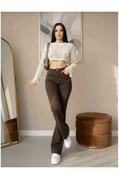 TRENDNATUREL Delmeria Bitter Brown High Waist Lycra Spanish Jean Trousers