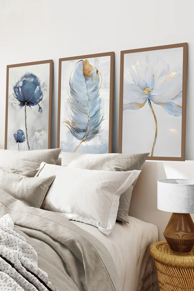 kutuTR Kahverengi Ahşap Çerçeveli 2DUV Baskı 3’lü MDF Tablo–Pastel Mavi Tüy v...