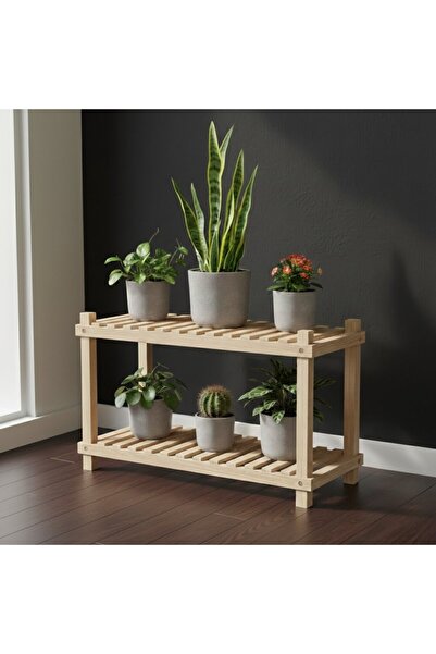 Ev dekka Modern Masif Ahşap Çiçek Standı - 2 Raflı Köknar Ağacı Çok Amaçlı Ra...