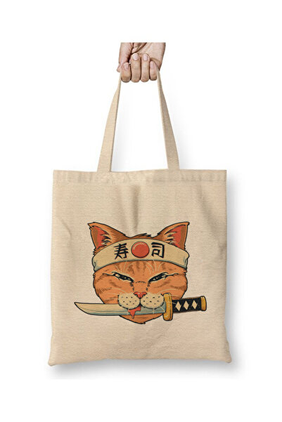 Toyaso Japanese Cat Samurai Cat with Katanas White Tote Bag Long Handle Shopp...