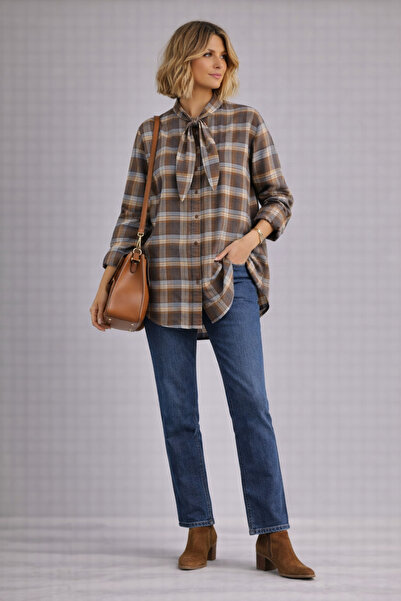 kikiriktekstil Kadın %100 Pamuk Oversize Kalıp Ekose Desenli Gömlek