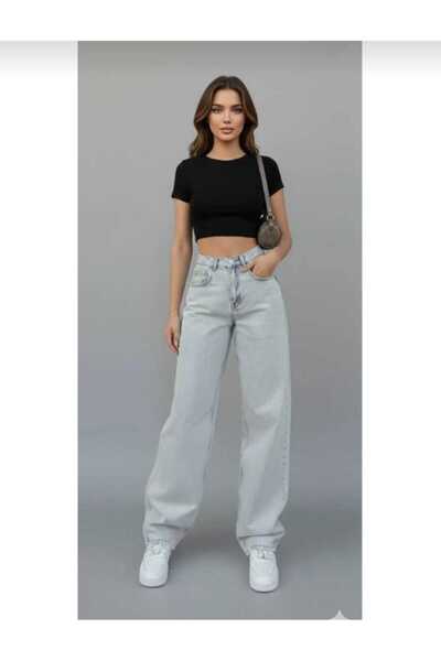 TRENDNATUREL Light Blue Snow Wash Buckle Detailed Loose Cut Wide Leg Baggy Ca...