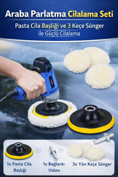 Hane Dostu Araba Parlatma ve Pasta Cila Seti – Matkap Uyumlu Cila Başlığı + 3...