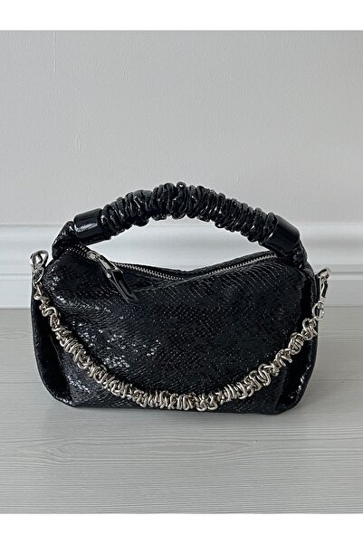 na nura collection Siyah Pullu Kadın Zincirli Büzgü Saplı El Ve Omuz Çantası