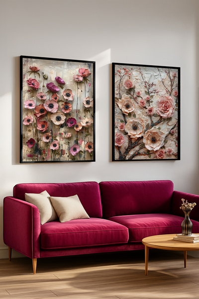 STARYUNA Black Wooden Framed Flower Themed Double Painting Set Yuna519