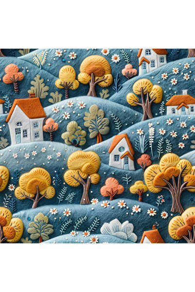 Novinqa Nakış Efektli Kasaba Desenli Dijital Baskılı Kumaş