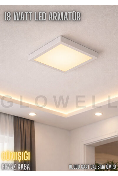 GLOWELL 20x20 Modern 18W Kare LED Tavan Aydınlatma Armatürü - Sıva Üstü, Gün ...