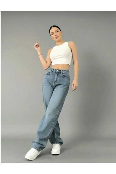 TRENDNATUREL Blue Snow Washed Buckle Detailed Loose Cut Wide Leg Comfortable ...