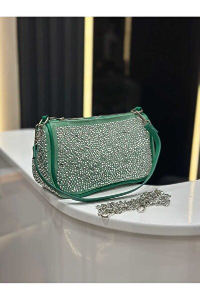 ÖZÜM TAKI Women's Silver Stone Evening Dress Bag Grass Green