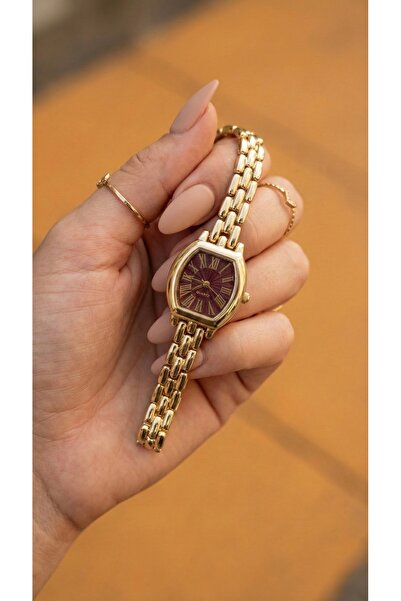 KLISHE Butik Women's Steel Watch Vintage Gold Color Claret Red Dial Gold Styl...