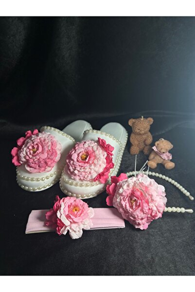 Bridal Luxe Pinky pembe çiçekli lohusa seti anne tacı terliği ve bebek bandana