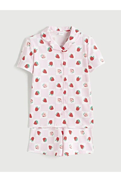 LC Waikiki Shirt Collar Strawberry Patterned Girls' Shorts Pajama Set (S6)
