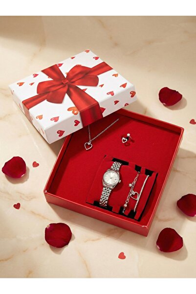 KLISHE Butik طقم هدايا ساعة نسائية من الفولاذ + قلادة + 2 سوار + خاتم طقم مجو...