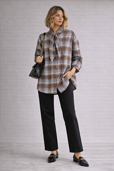 kikiriktekstil Kadın %100 Pamuk Oversize Kalıp Ekose Desenli Gömlek