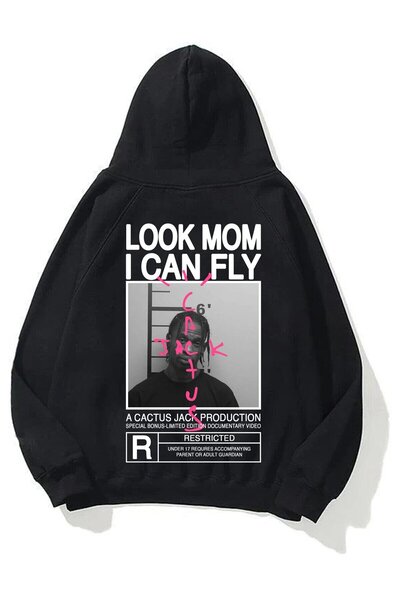 Elvino Look Mom I Can Fly Printed Oversize Unisex Black Sweatshirt