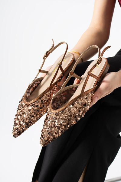 Best Cover LERINA Kadın Kahve Sivri Burun Slingback Pul Payet Detaylı Düz Tab...