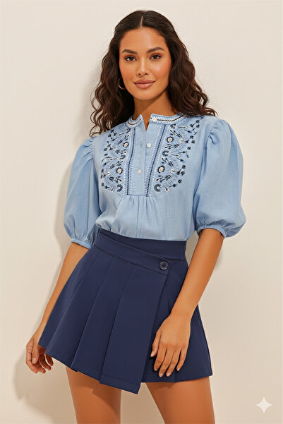 Moday Women's Baby Blue Buttoned Embroidered Balloon Sleeve Poplin Blouse G1-...