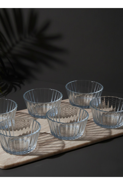 zarifcam 6'lı Çizgili Cam Kase - Şeffaf Sunum ve Sosluk Kasesi - Modern Krist...