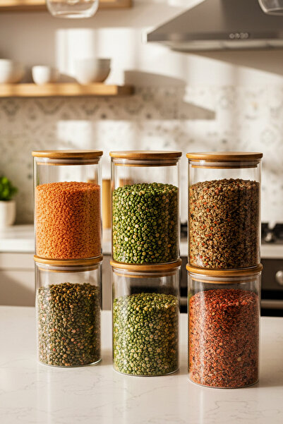 Snippy Melo - 6'lı Bambu Vakum Kapaklı Büyük Boy Cam Saklama Kabı Seti Bakliy...