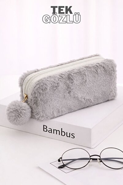 Bambus Home Peluş Tek Gözlü Bölmeli Okul İçin Ponponlu Çok Amaçlı Organizer K...