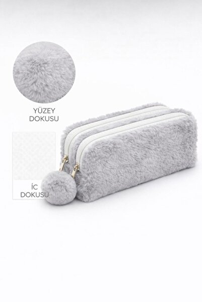 Bambus Home Peluş Çift Gözlü Bölmeli Okul İçin Ponponlu Çok Amaçlı Organizer Kalemlik Kalem Kutusu