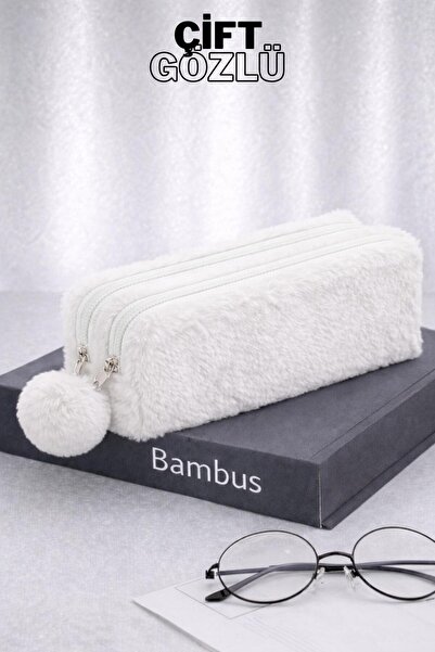Bambus Home Peluş Çift Gözlü Bölmeli Okul İçin Ponponlu Çok Amaçlı Organizer ...