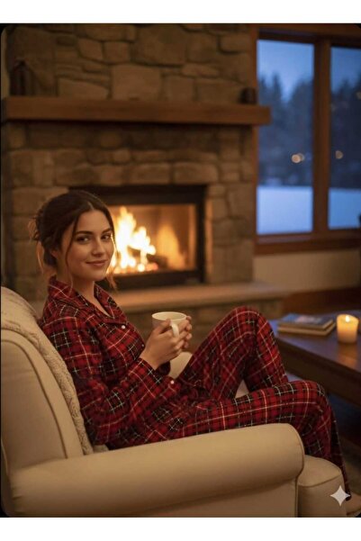 Butik Kadın Kırmızı Ekose (Kareli) Desenli Yumuşak Süet Dokulu Pijama Takımı