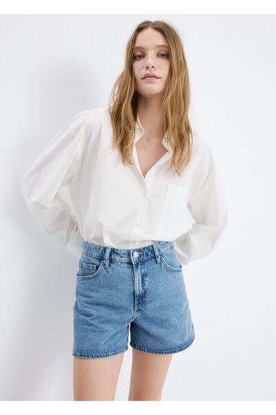 MANGO Woman Yüksek bel düz kesim denim şort