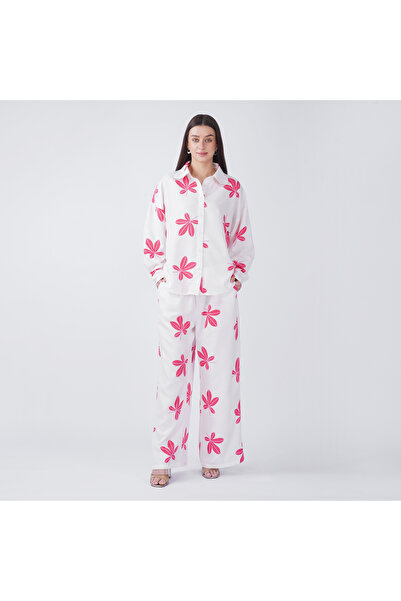 LINELLE White Base Pink Leaf Motif Printed Coord Set