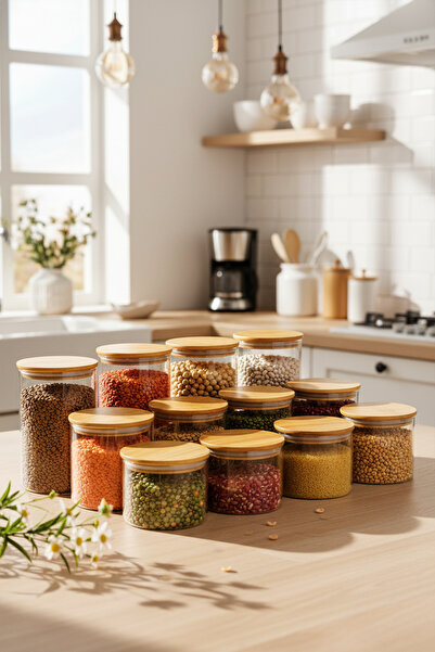 Snippy Melo - 12'li Bambu Vakum Kapaklı Cam Saklama Kabı Seti Bakliyat Erzak ...