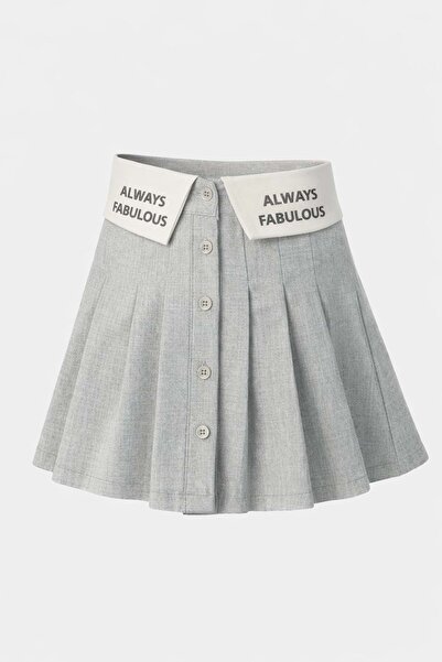 Lolliboomkids Fusta gri pentru fetiță, cu talie pliată, cu slogan și nasturi ...