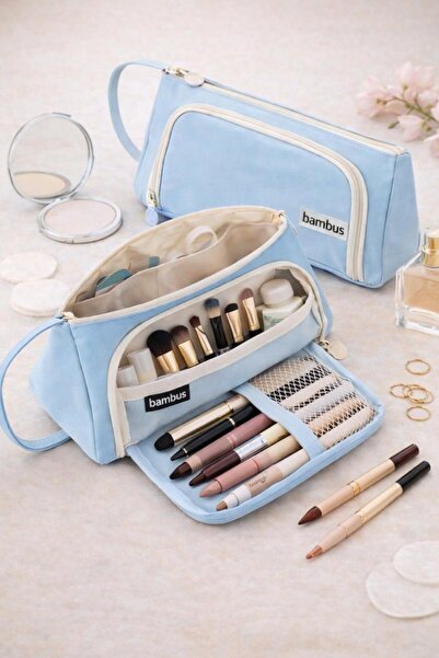 Bambus Üçgen Çok Bölmeli Büyük Kapasiteli Kumaş Seyahat Tipi Makyaj Organizer...