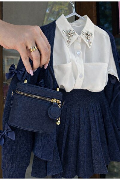 Bisahane Kız Çocuk Örme Hırka Örme Etek Taşlı Gömlek Çanta 4 Lü Takım