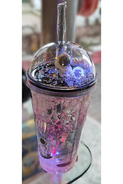 ada çanta kırtasiye كوب بلاستيكي مزخرف بغطاء مزخرف وشفاطة مع إضاءة 470 مل AD6...