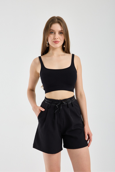 MAİMODA Women's High-Waisted Pleated Shorts with Trim Belt