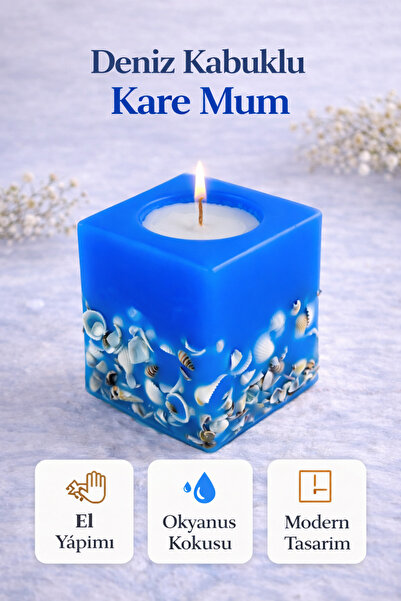 Dekor İstanbul Deniz Kabuklu Kare Mum – Okyanus Kokulu, El Yapımı Modern Deko...