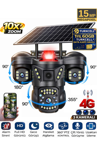 SONREİR RX66G 3 Kameralı 4G Sim Kartlı Solar Güvenlik Kamerası Dış Mekan Gece...