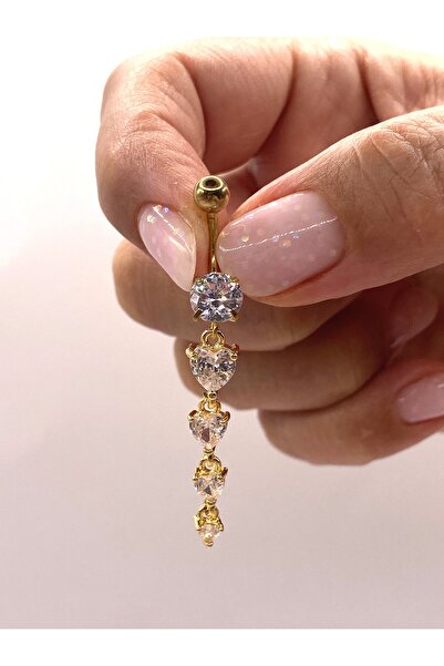 kurukafagift Göbek Çelik Piercing Sallantılı Damla Kalp Taşlı Sarı Renk