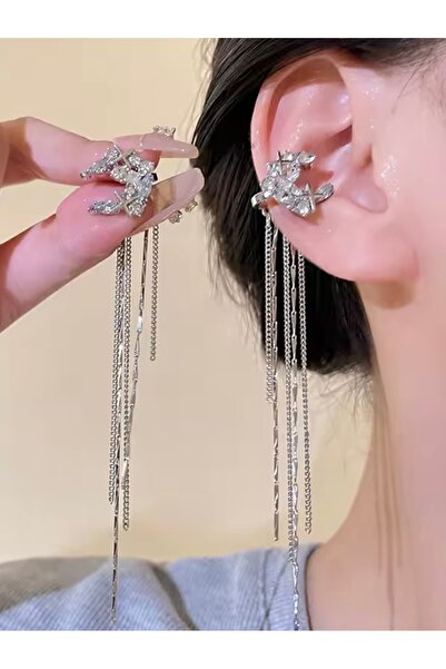 AychaAksesuar Çelik vip seri zirkon taşlı ay kesim püsküllü sallantılı tekli ...