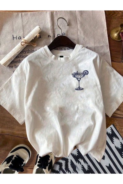 Framgan Tricou de damă din bumbac, cu guler rotund, imprimat față și spate cu motiv Margarita.