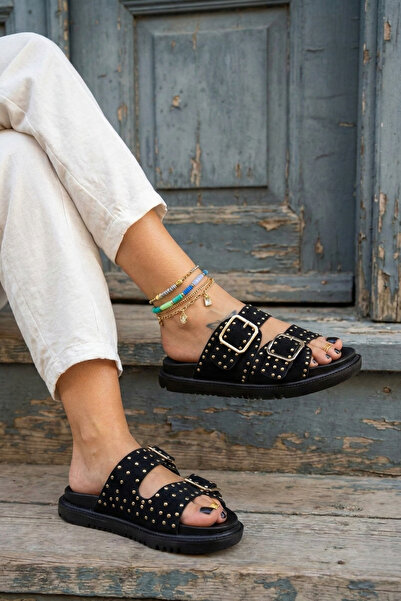 DİGGO Summer Suede Stone Detailed Iron Buckle Women's Slippers