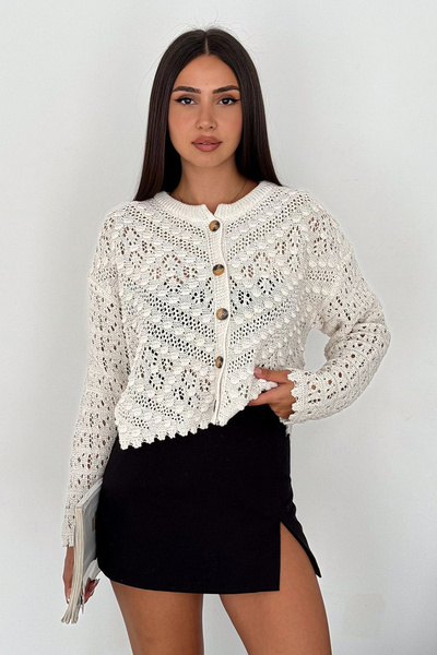 Noa&Noa Women's Knitted Detailed Buttoned Cardigan – Cream Lace