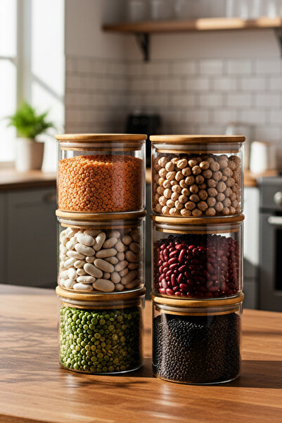 Snippy Melo - 6'lı Bambu Vakum Kapaklı Küçük Boy Cam Saklama Kabı Seti Bakliy...